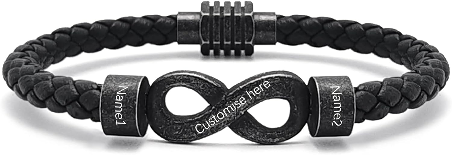 Personalized Men's Bracelet with Custom Name Beads, Customized Braid Leather Bracelet Engraved with 2-6 Names for Men, Gifts for Father Dad Husband Grandpa Son Boyfriend