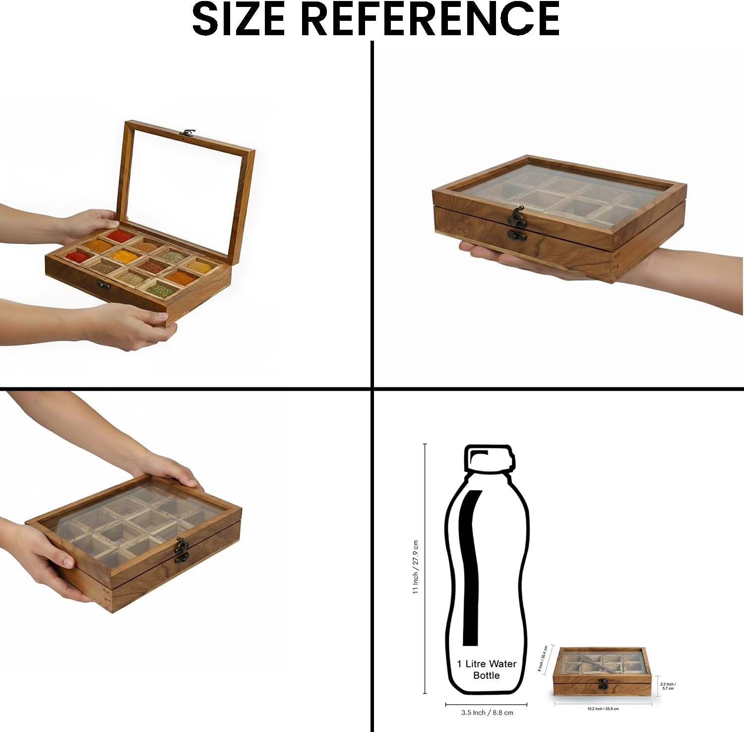 ExclusiveLane 'Medley of Masalas' Indian Spice Box with Spoon (12 Removable Container, Each Container : 1.8 oz, Teak Wood) | Masala Dabba Spice Storage Container Rack Wooden Spice Box for Gift