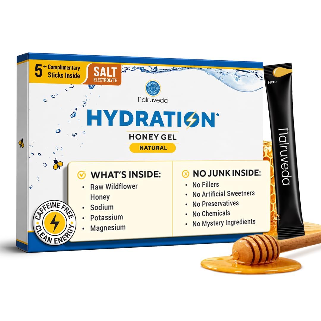 Natruveda Hydration Honey Gel Packs for Runners - Clean Salt Electrolytes Gel, Potassium & Magnesium - Natural Energy Running Gels for Endurance, Workouts & Active Seniors