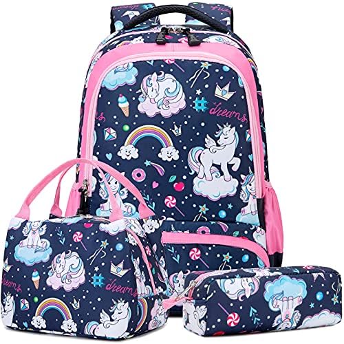Meisohua Girls Unicorn Backpack School Backpacks with Lunch Bag and Pencil Case Kids 3 in 1 Bookbags Set School Bag for Elementary Preschool Water Resistant (Dark Blue)