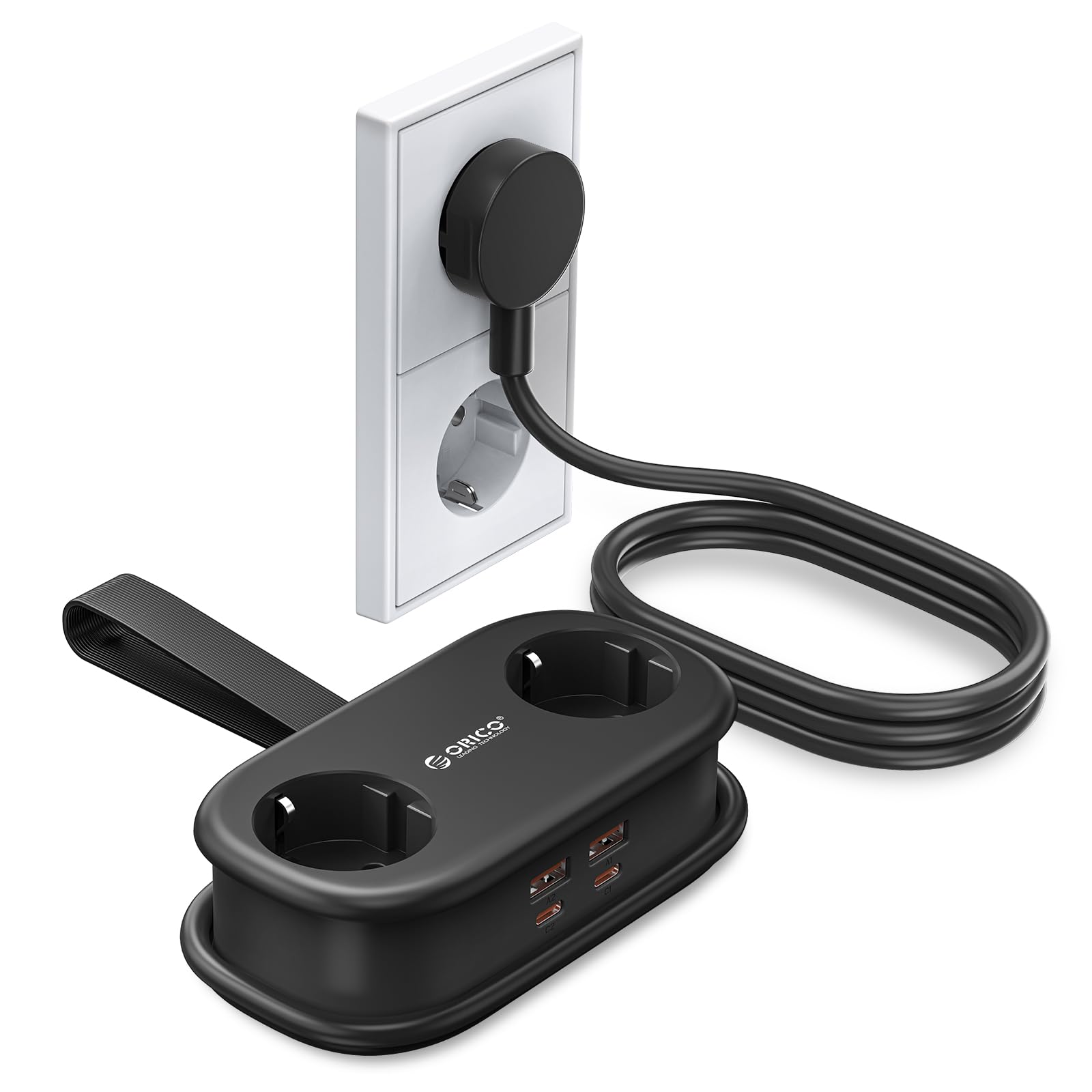 ORICO 65W GaN Reise-Mehrfachsteckdose mit USB C, 6-in-1 Schnelllade-Steckdosenleiste mit 4 USB, Mehrfachstecker 1,6m aufnehmbares Verlängerungskabel für MacBook, iPad, Handy, Reisen - AP3 Schwarz