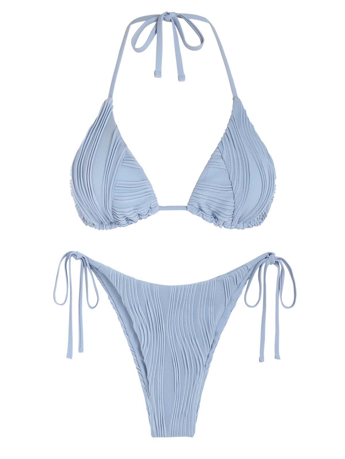 ZAFUL Bikini Sets for Women Halter Two Piece Swimsuit Ribbed High Cut Tie Side Thong Bathing Suit Sexy Padded Swimwear