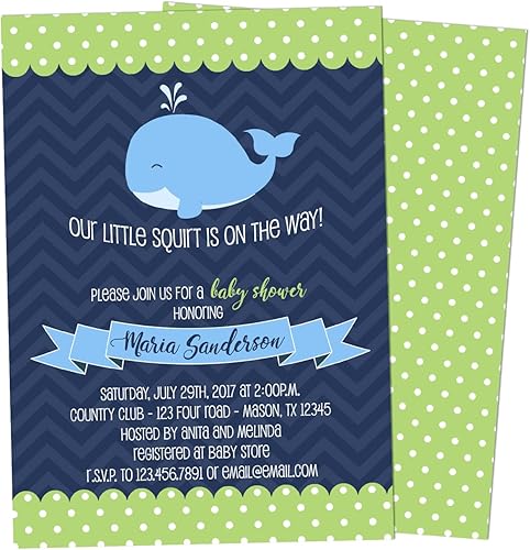 Miniatura 1 de Nautical Whale Baby Shower Invitations, Lime Green Navy Squirt with Envelopes, Personalized