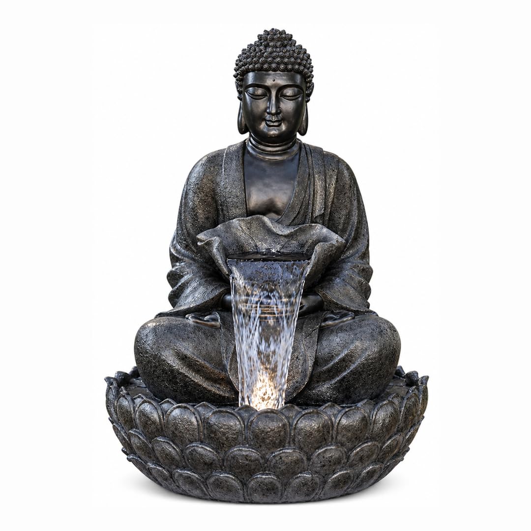 4ft Mystic Large Lotus Buddha Fiber Water Fountain for Home Decor | Indoor–Outdoor LED Fountain for Balcony, Garden & Entrance | Showpiece for Peace & Vastu Decor (Black Lotus Buddha Fountain)-image-20