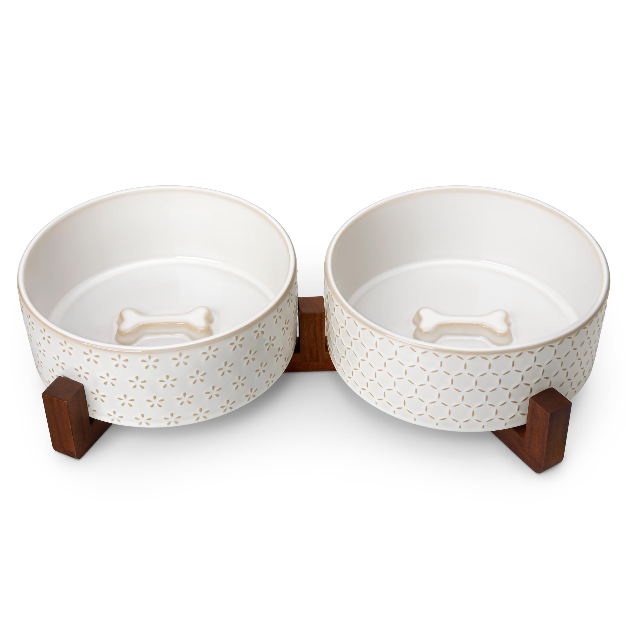 MALACASA Juego de cuencos para perros con soporte de madera de nogal, 6 tazas de cerámica para cachorros, cuencos dobles para alimentos y agua con base antideslizante, cuencos básicos para tu perro