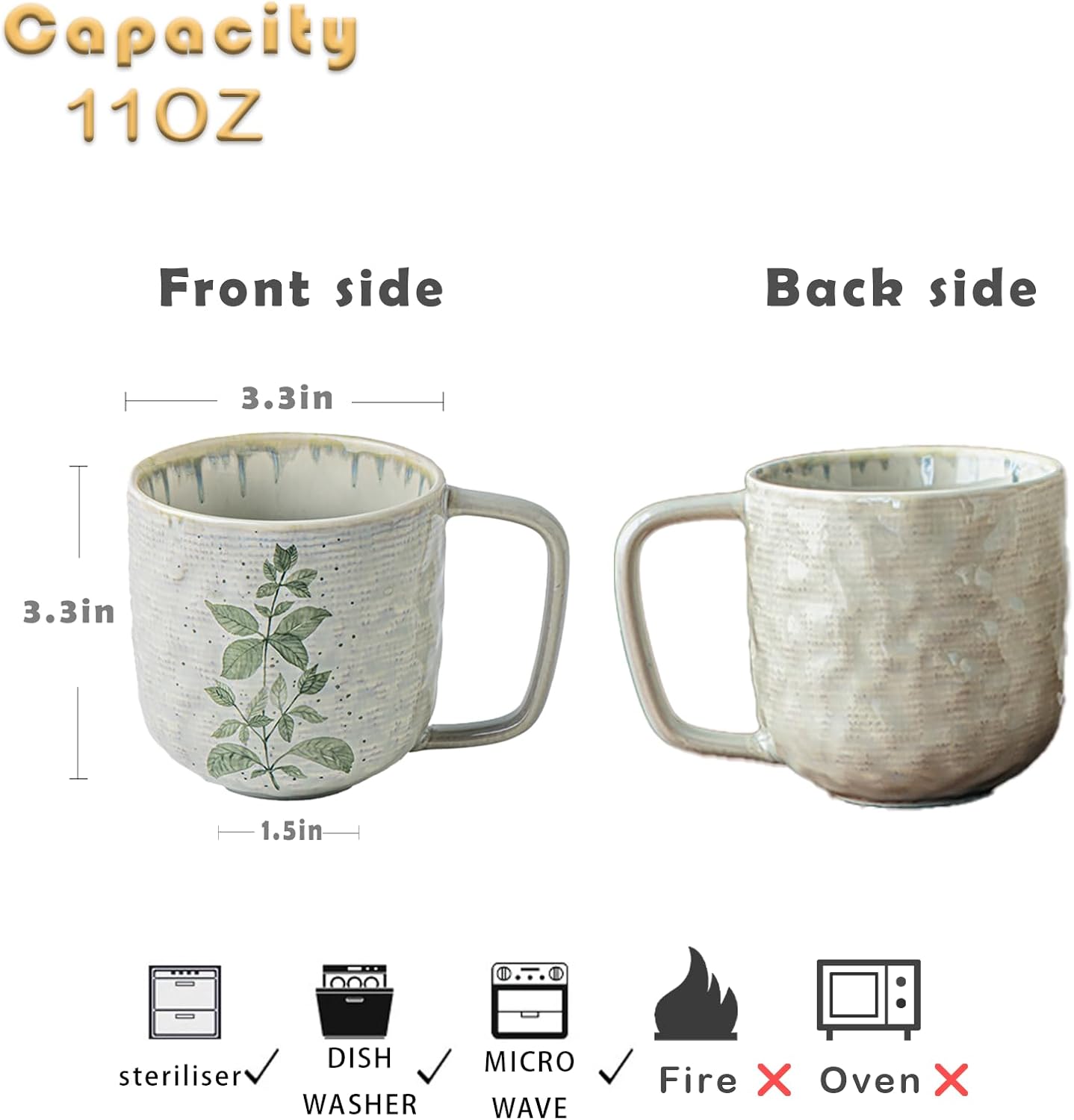 Ceramic Mugs for Men & Women, Unique Microwave & Dishwasher Safe Tea/Coffee Rustic Stoneware Cups for Office & Home（Green Leaf） - Image 5