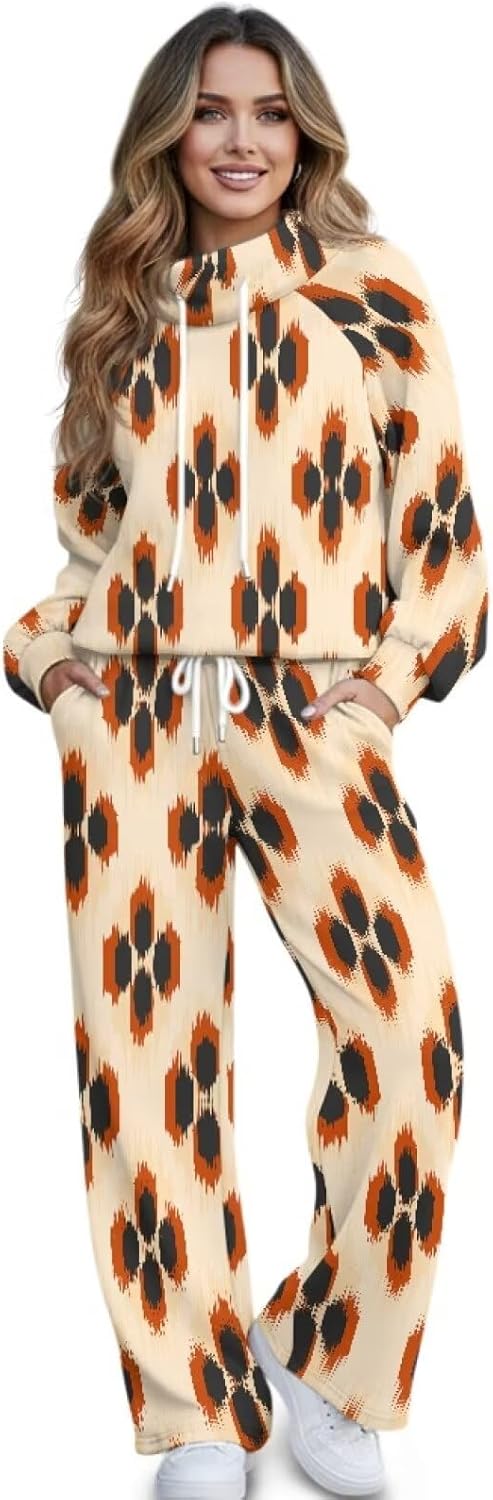 2 Piece Outfits Lounge Sets for Women Long Sleeve Mockneck Drawstring Sweatshirt Wide Leg Sweatpants Tracksuits