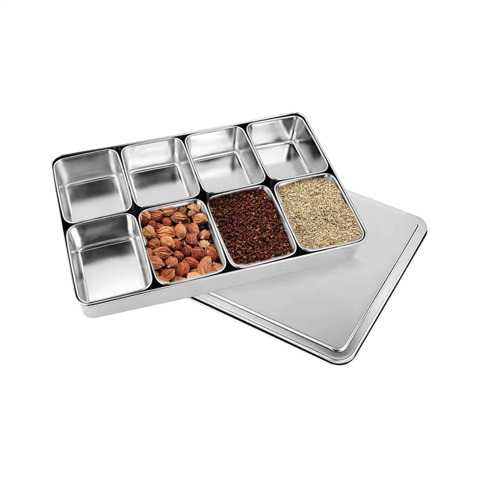 Boîte à conteneurs d'assaisonnement - plateau de condiments en acier inoxydable, boîte de rangement multi-grilles | plateau de service divisé avec porte-couvercle, stockage de condiments pour le sucre