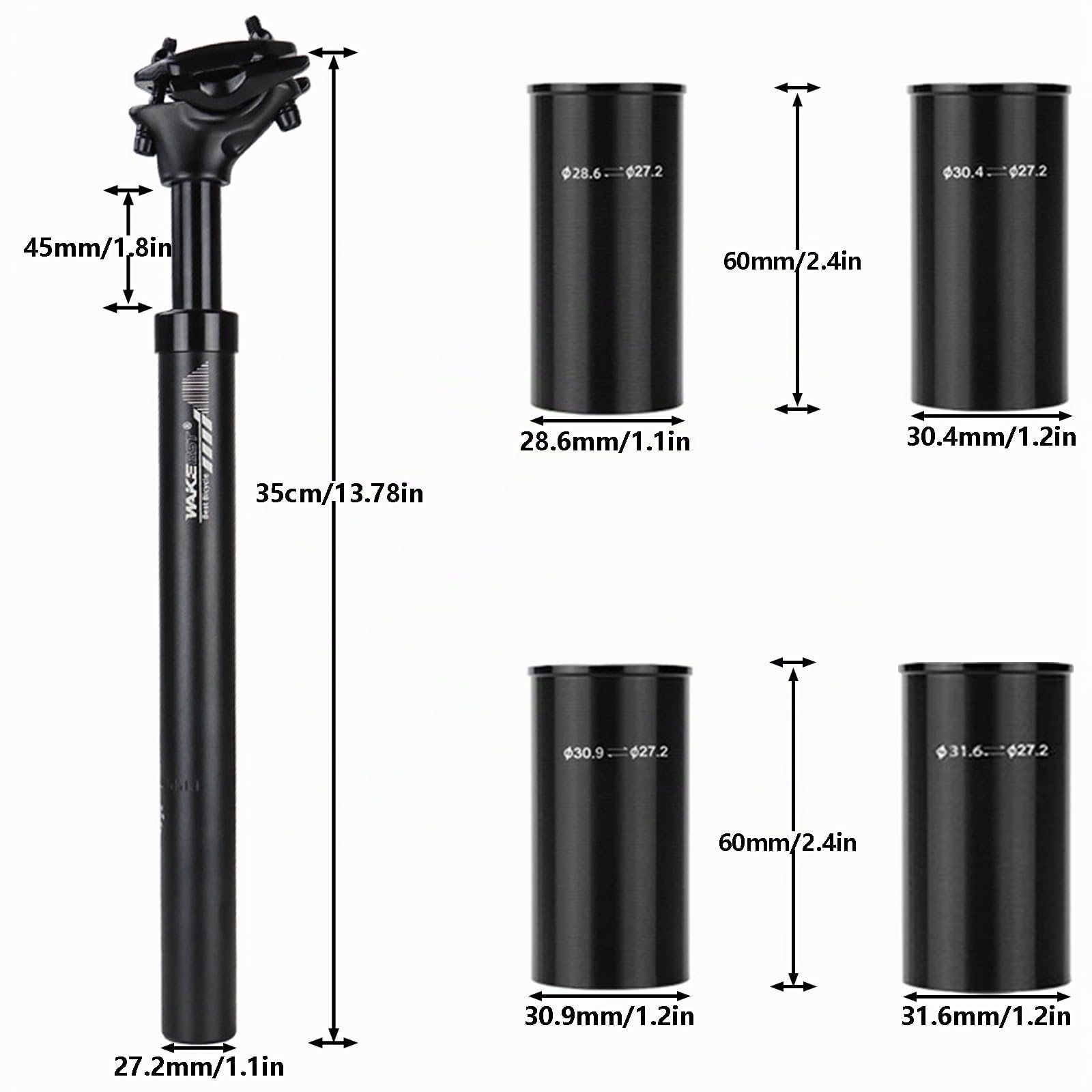 Reggisella per Bicicletta Ammortizzato da 27,2 mm, Reggisella Telescopico con 3 Adattatori per Reggisella (28,6/30.4/30,9/31,6 mm) per Biciclette Elettriche, MTB, Biciclette da Città