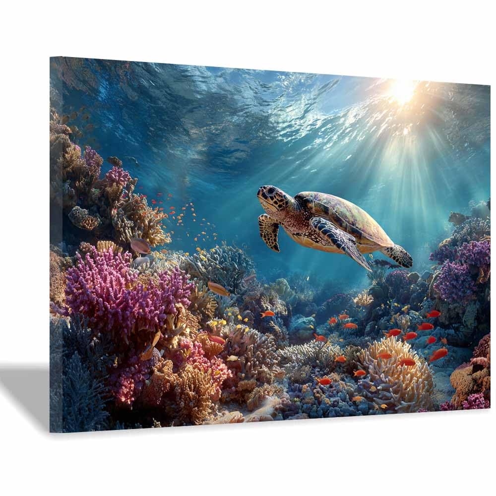 HUYEEI Canvas Wall Art Beachs Turtles plays the reefs marine animals Seascape Vintage Artwork for Seaside Livings Room Bedroom Bathroom Decor(blue)-60x80cm Framed