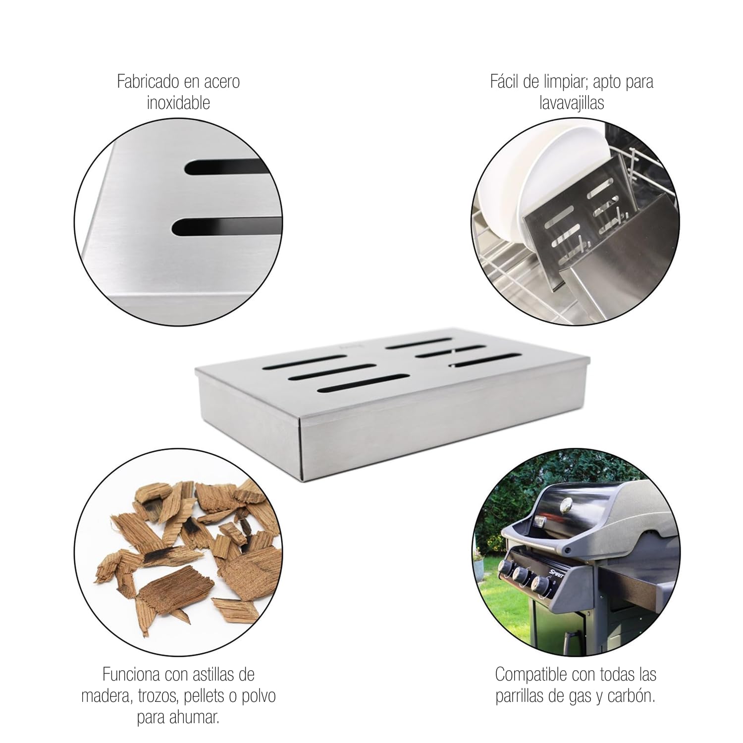 Amazy Caja ahumadora + 2 brochetas + 2 Tipos de virutas de Madera (Haya y Roble) – Caja de Ahumado para Carne o Pescado Apta para lavavajillas