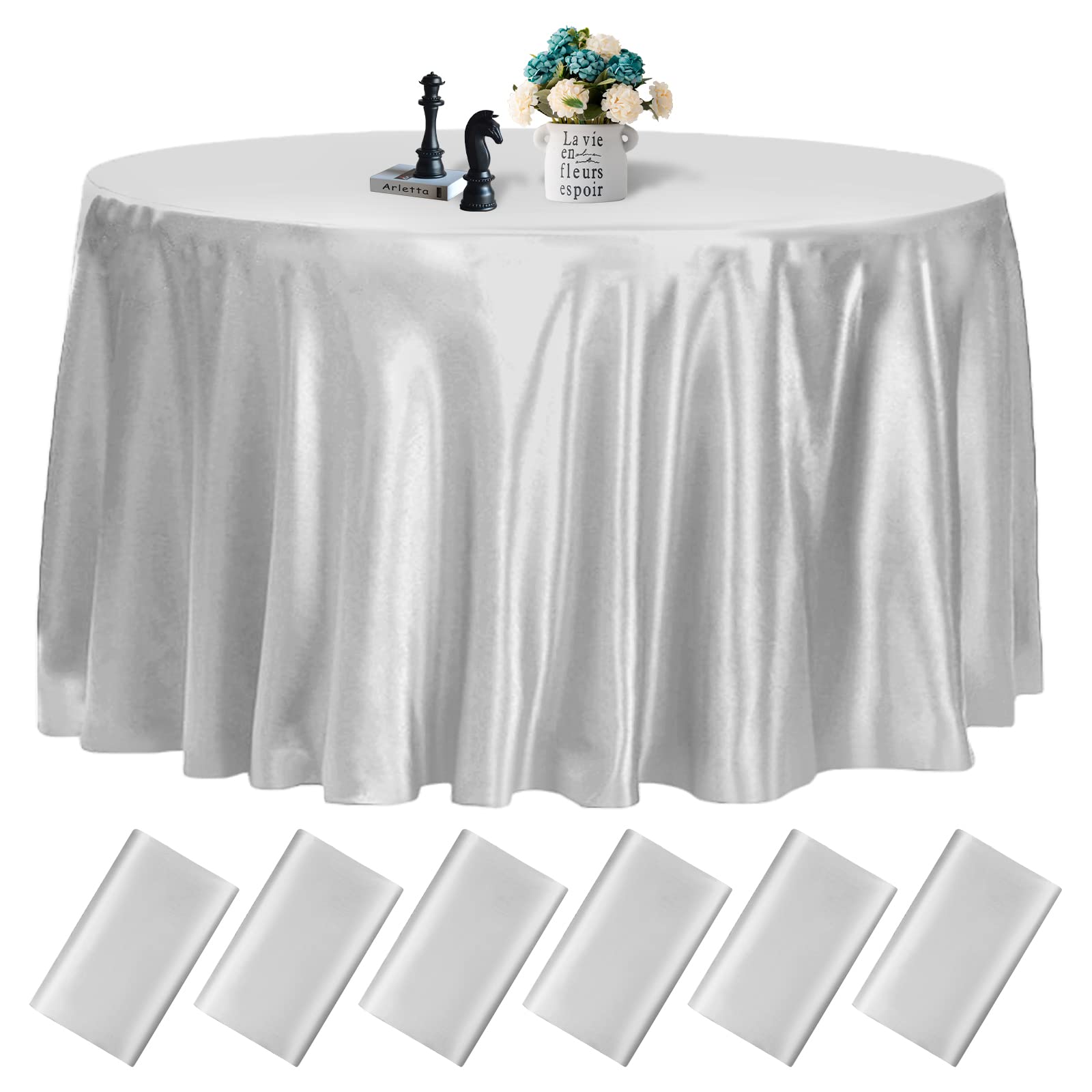 fani 6 Pack 120 Inch Sliver Round Tablecloth - Premium Silky Satin Tablecloth Overlay Smooth Fabric Table Cover Linens, Table Decoration for Wedding
