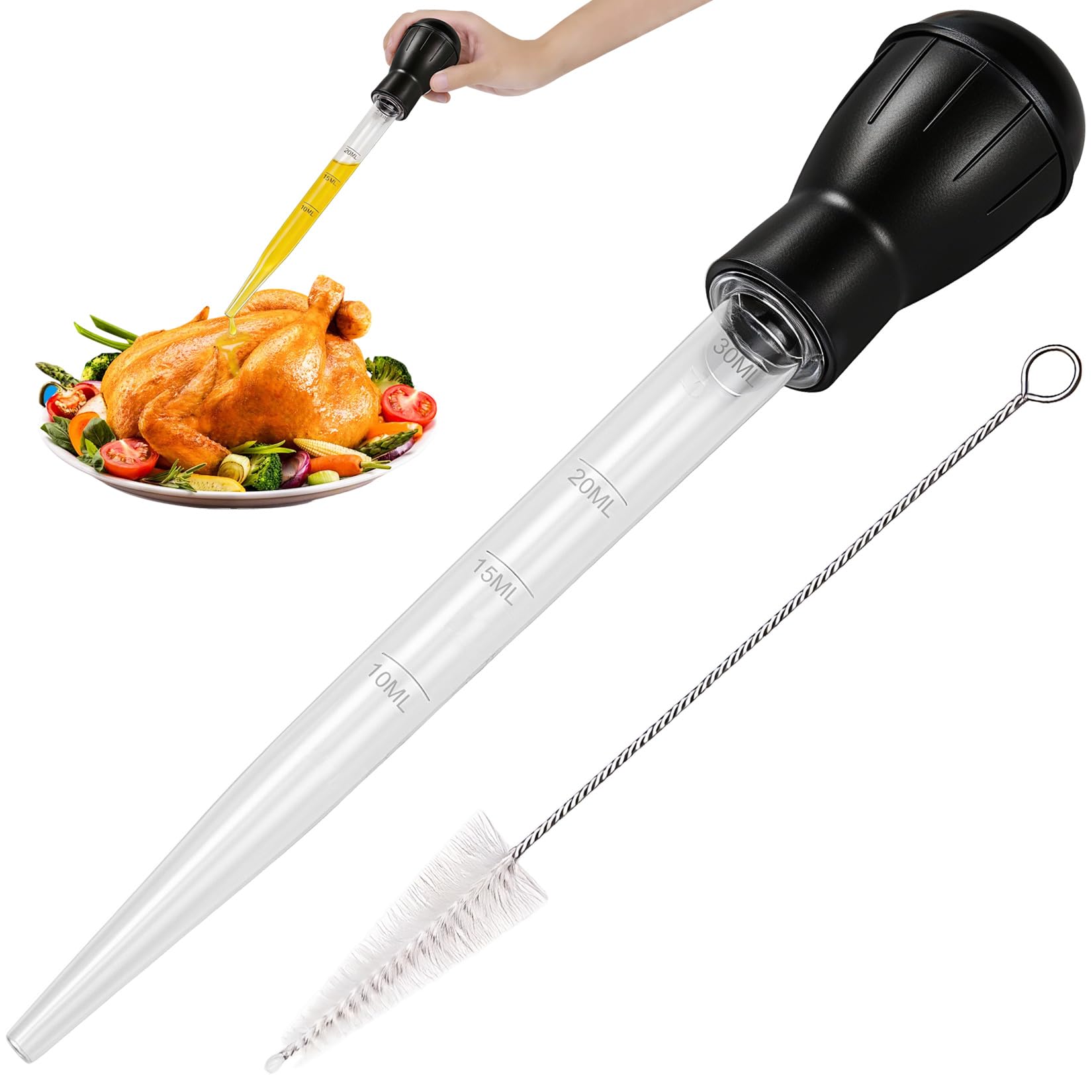 Turkey Baster Silicone Meat Baster for Cooking, 30ml Basting Syringe, Large Basting Pipette, Liquid Droppers for Cooking Essentials Baking BBQ Kitchen Gadgets, with 1 Cleaning Brush