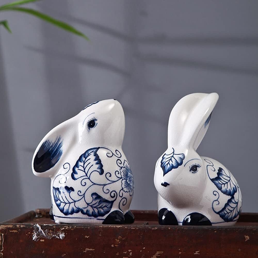 Dekoracja biurowa ceramiczne posągi królika niebiesko-białe porcelanowe figurki Chinoiserie Nowoczesna dekoracja domu (A)