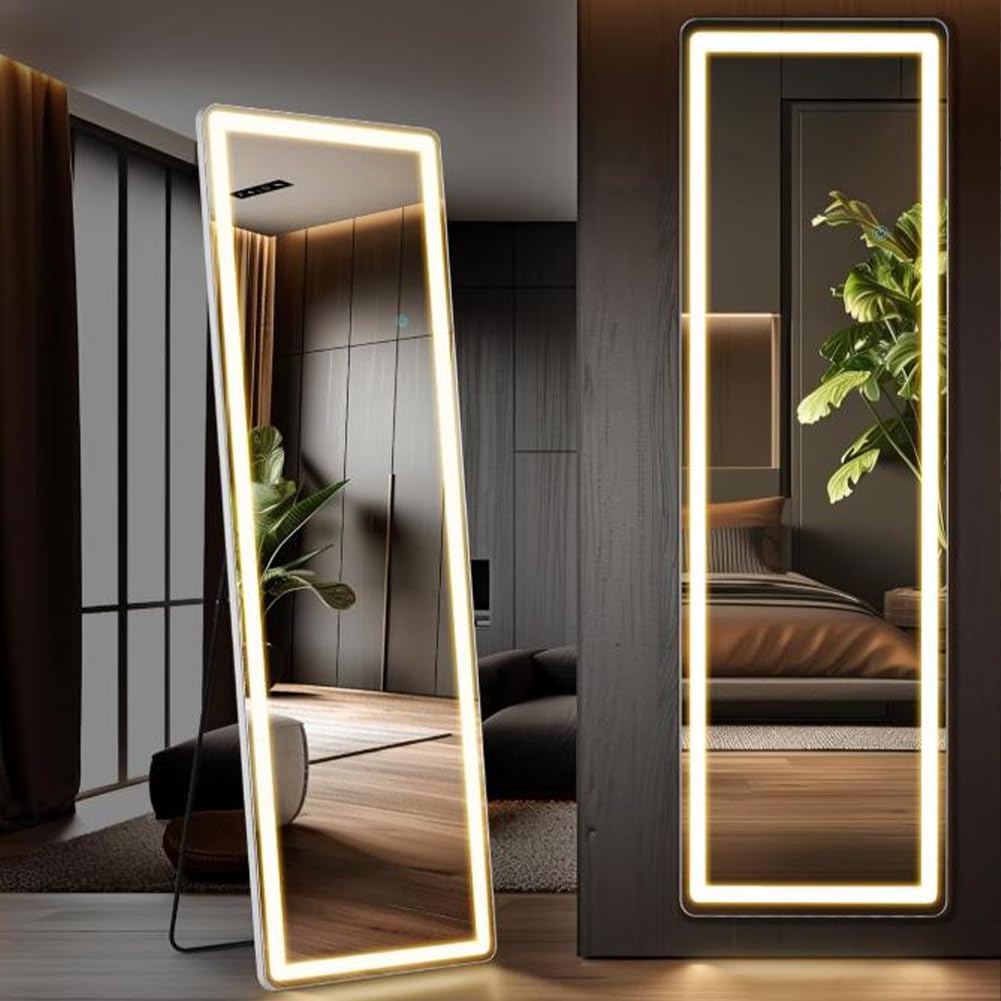 Shally Dogan Specchio da Terra Figura Intera con Luci Led e Pulsante Touch, Stand da Pavimento Struttura Alluminio Resistente con Illuminazione Dimmerabile Bianco Freddo, Caldo e Naturale, 160 x 50 cm