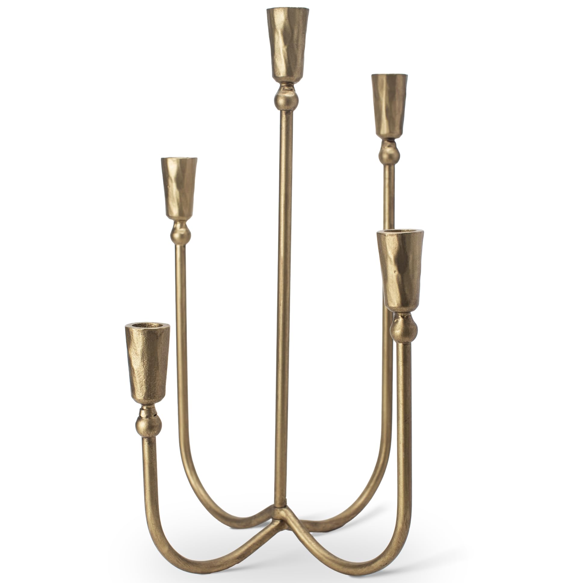 Large Iron Candelabra Centerpieces for Tables, 17.7'' Tall Taper Candle Holders, Vintage Brass Gold Candlestick Holders, Antique Fireplace Mantel Decorations for Living Room, 5 Arms