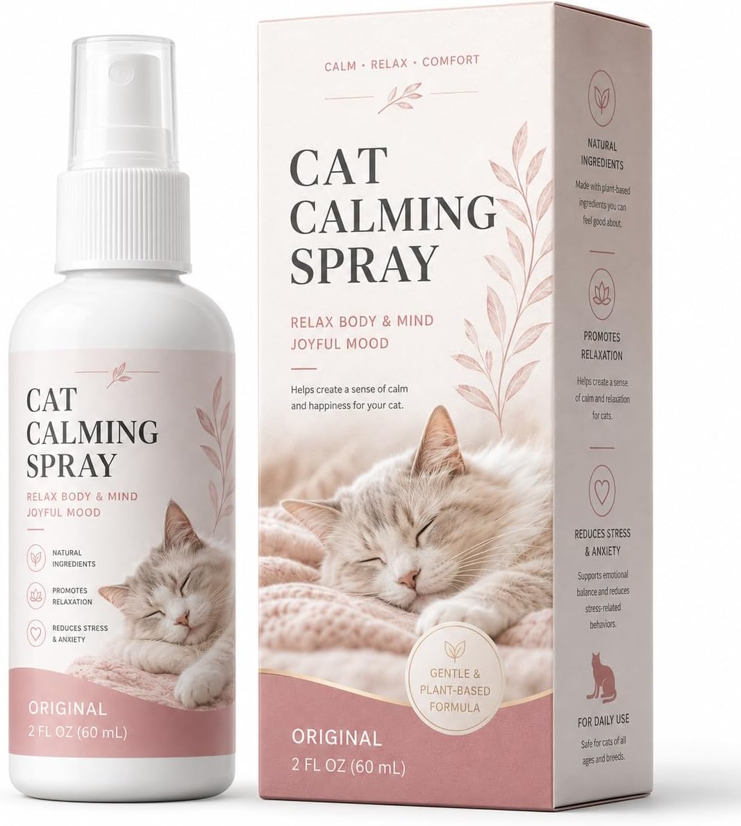 Cat Calming Spray for Indoor Cats – Relaxing Cat Spray for Travel, Grooming & New Environments – Gentle Daily Comfort Mist for Stressful Situations, 2 FL OZ (60 mL)