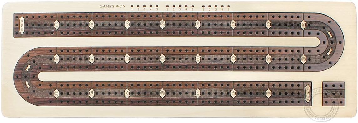 House of Cribbage - 3 Track Continuous Cribbage Board Inlaid in Rosewood - Maple Wood - Size: 12.5 Inches - Storage Drawer for Cribbage Pegs