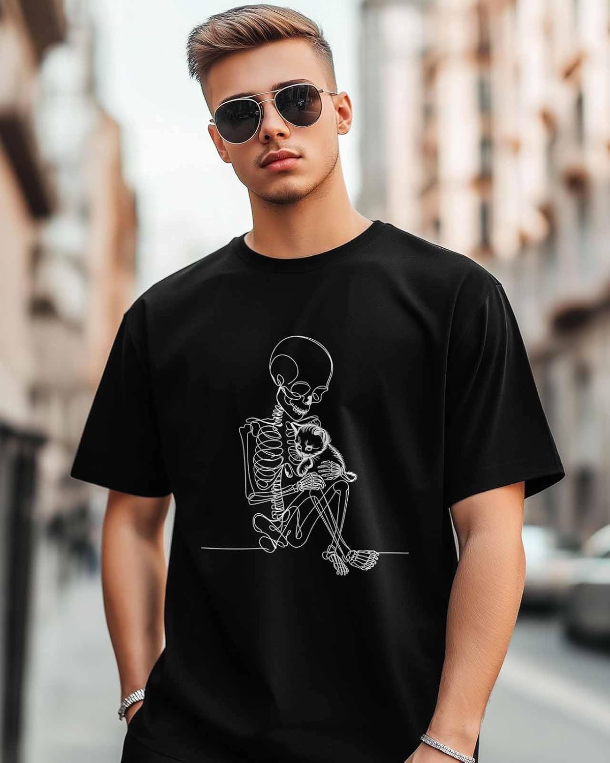 Men's T-Shirt Skeleton Hug Cat Graphic Tees Cotton Short-Sleeve Casual Tops - Image 4