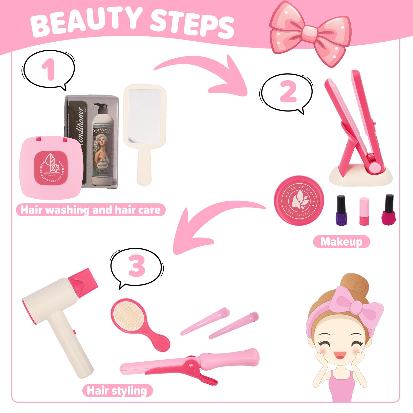 Rosa Friseur Set Kinder,Make-up-Spielzeug,Schminkkasten Mädchen, Friseurzubehör, inklusive Föhn, Glätteisen, Kamm und Zubehör, Rollenspiel,Kinder-Schminkkasten,Geschenke für Mädchen im Alter von 3+
