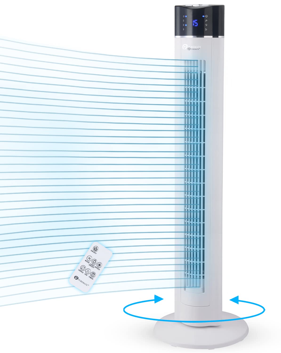 PureMate 43-inch Tower Fan with Air Purifier & Aroma Function, 3 Speed Settings, Large LED Display, 8-Hour Timer, Oscillating Portable Electric Floor Bladeless Fan for Bedroom, Home & Office