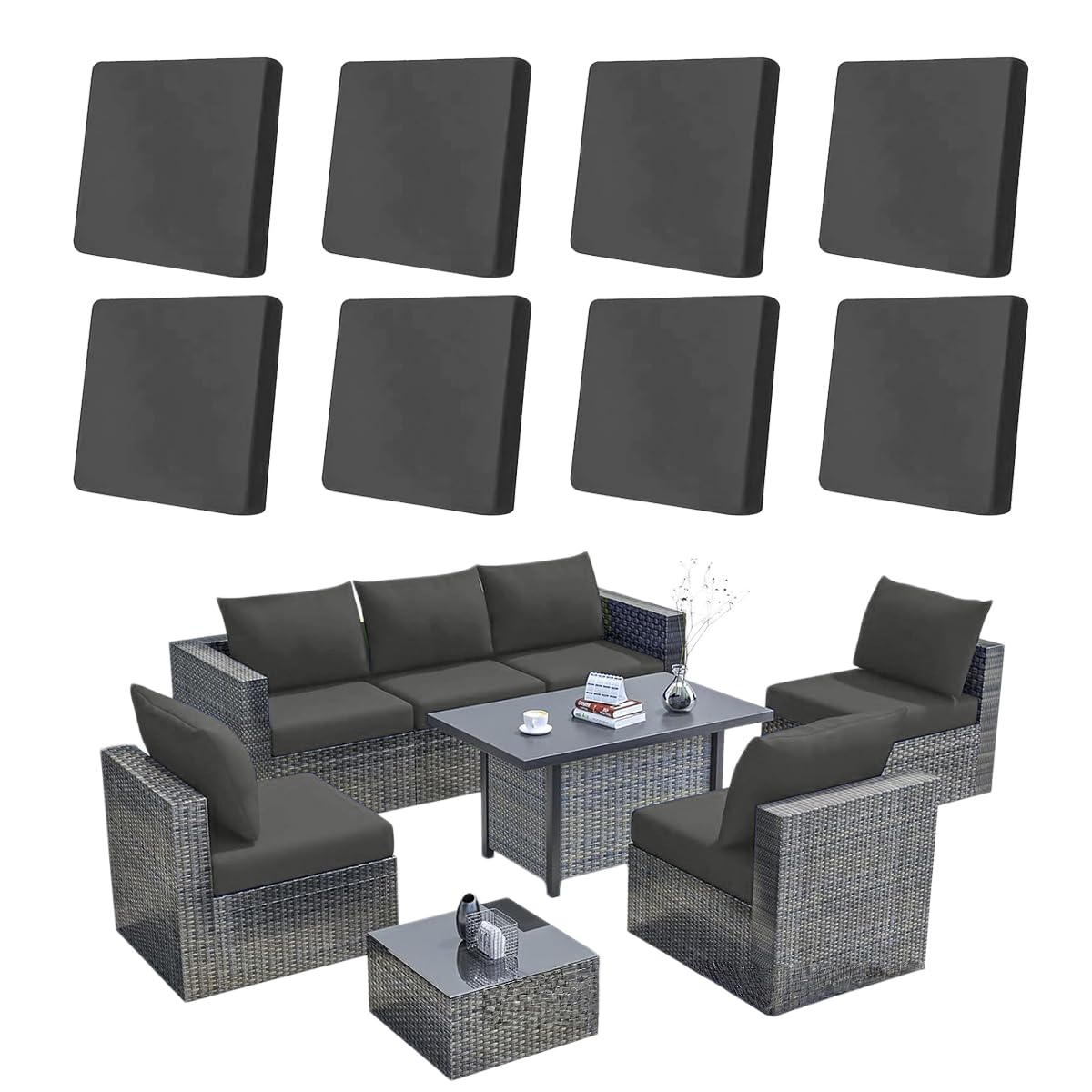 Hiseng 8/12/14 PCS Outdoor Cushion Covers Stretch Patio Cushion Covers Replacement Slipcovers Washable for Outdoor Sofa Cushions, Garden Furniture Set, Rattan Corner Sofa (Dark Gray,8 PCS)