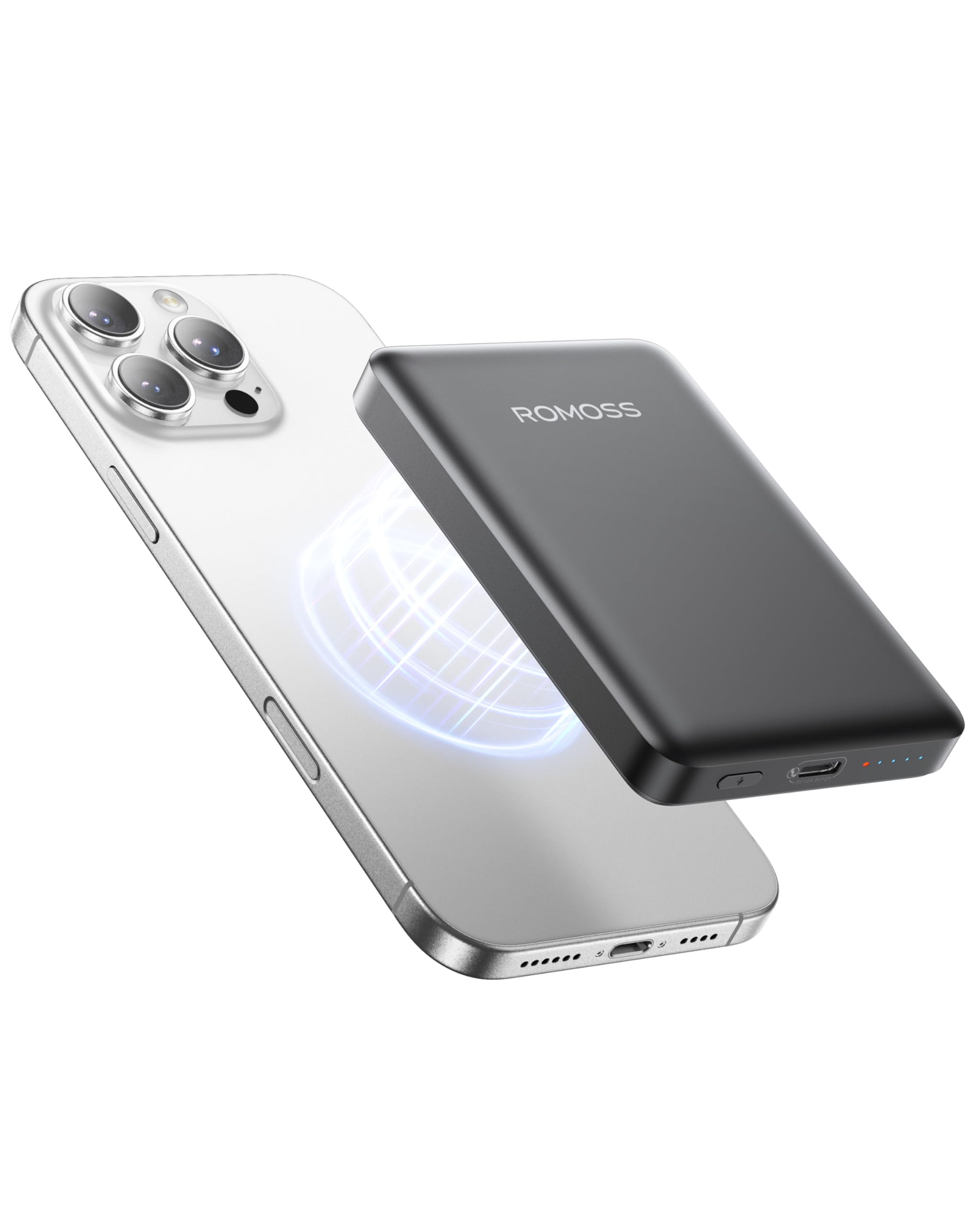 ROMOSS Magnetic Power Bank, Ultra Slim 5000mAh Magnetic Battery Pack, 20W Magsafe Portable Charger with USB-C Cable, Fast Charging Magsafe-Compatible Charger for iPhone 16/15/14/13/12 Series, Black
