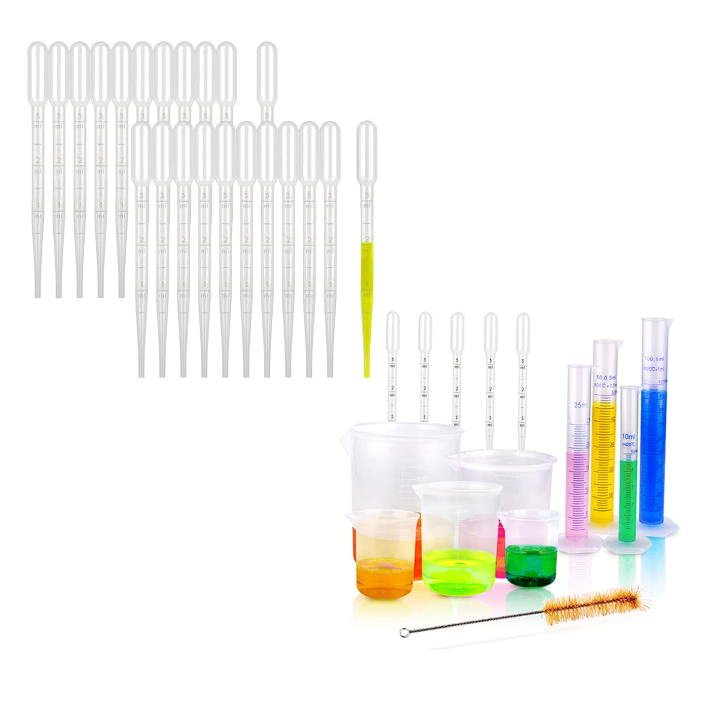 moveland 200PCS 3ml Disposable Plastic Transfer Pipettes + Plastic Graduated Cylinders and Beakers with Science Lab