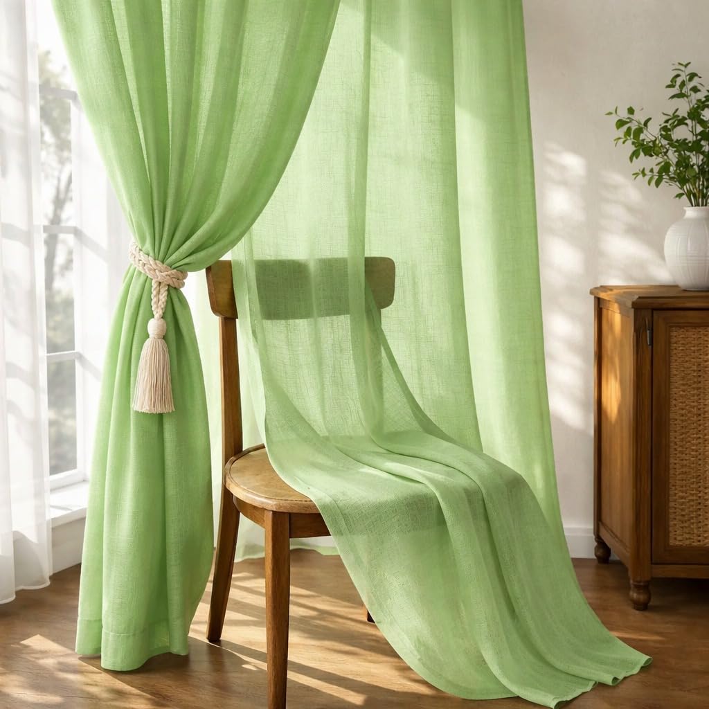 THE LINEN COMPANY Cotton Linen Sheer Window Curtains, Transparent Net Curtains, Light Filtering Privacy Drapes with Rod Pocket for Living Room & Bedroom, Ocean Green, 5 Feet, Pack of 1