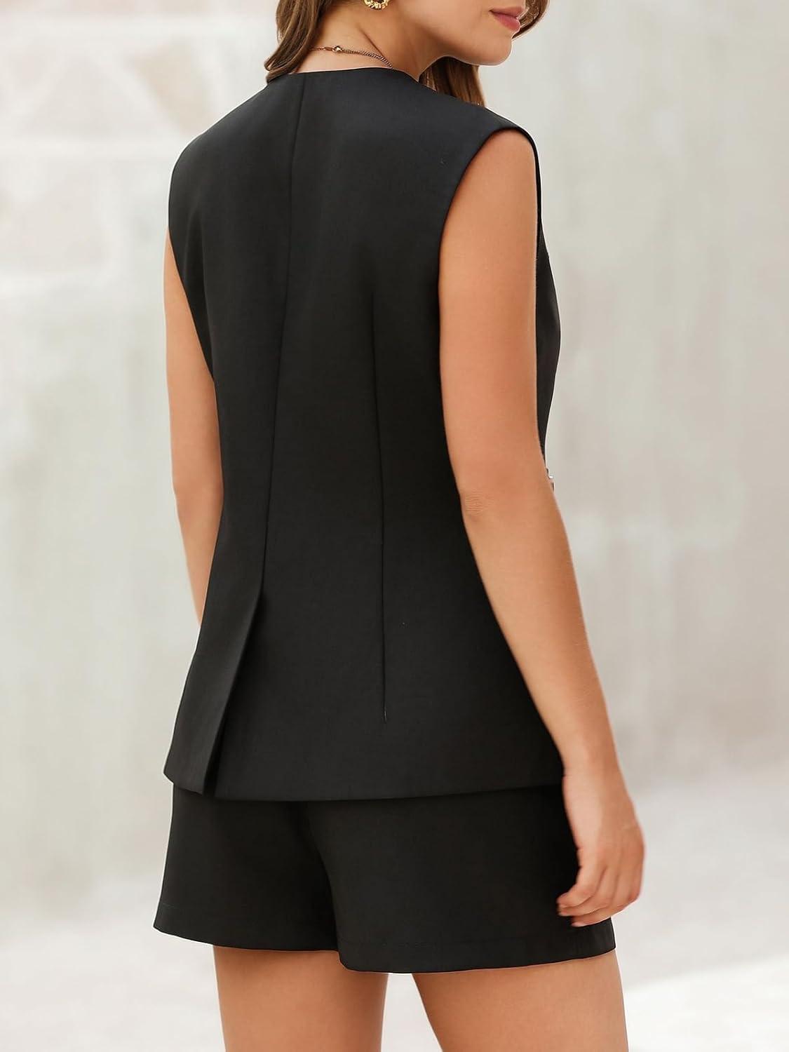 Tankaneo Womens 2 Piece Outfits Casual Suit Sets Sleeveless Button Down Blazer Vest Shorts Office Business Matching Set - Image 4