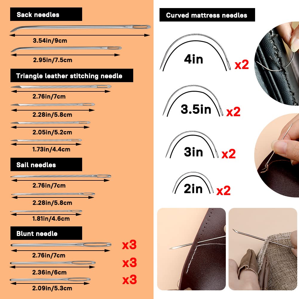 Kit de costura de cuero, kit de reparación de tapicería de costura de cuero, kit de trabajo de cuero con 8 hilos de tapicería, agujas de coser de cuero, kit de herramientas de artesanía de cuero para