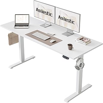 Furmax Electric Height Adjustable Standing Desk Large 55 x 24 Inches Sit Stand up Desk Home Office Computer Desk Memory Preset with T-Shaped Metal Bracket, White