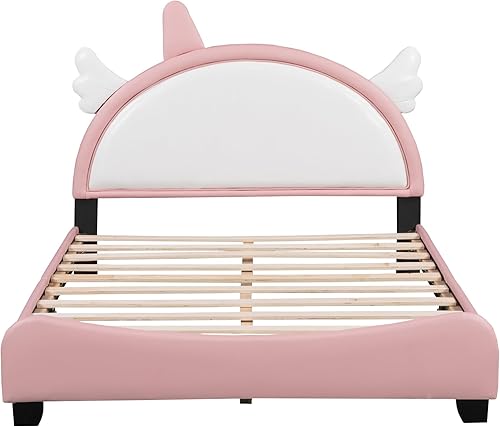 Miniatura 2 de Bonita cama tapizada con cabecera en forma de unicornio, cama de plataforma de cuero de tamaño matrimonial con cabecera y listones de madera para