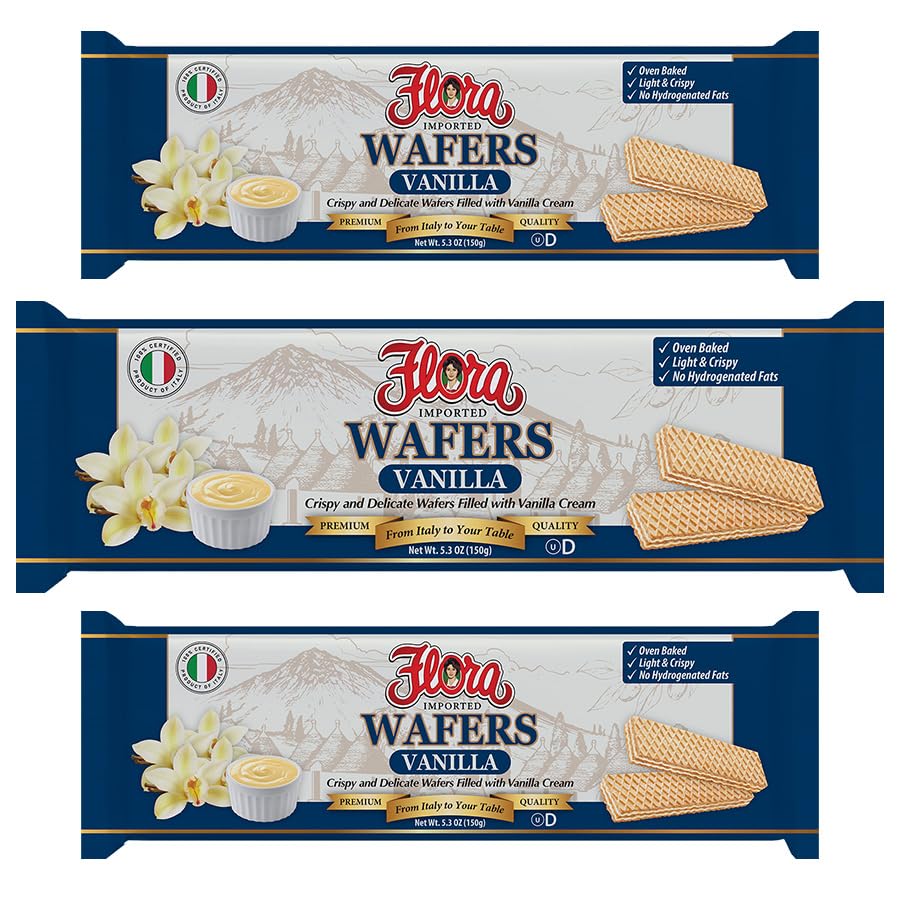 Flora Italian Wafers Vanilla – Crispy Italian Wafers Filled with Vanilla Cream – Oven-Baked – No Hydrogenated Fats – 5.3 oz (150g)