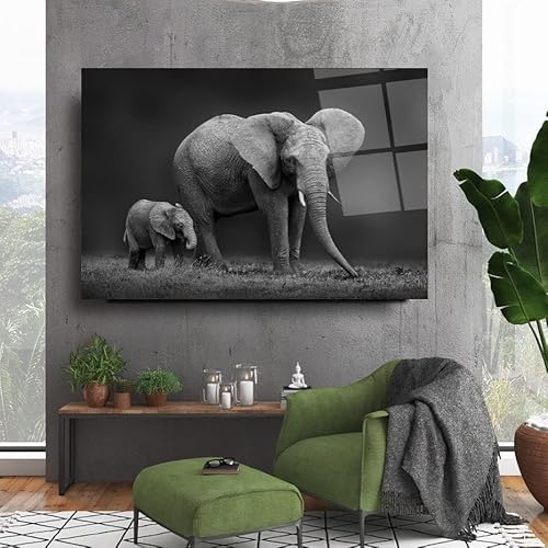 Parents Elephant And Baby Elephant Tempered Glass Wall Art Perfect Modern Decor Fabulous New Year Gift Glass Uv Printing Durable Product (70X110 Cm (27X43 Inches)) #TOP10