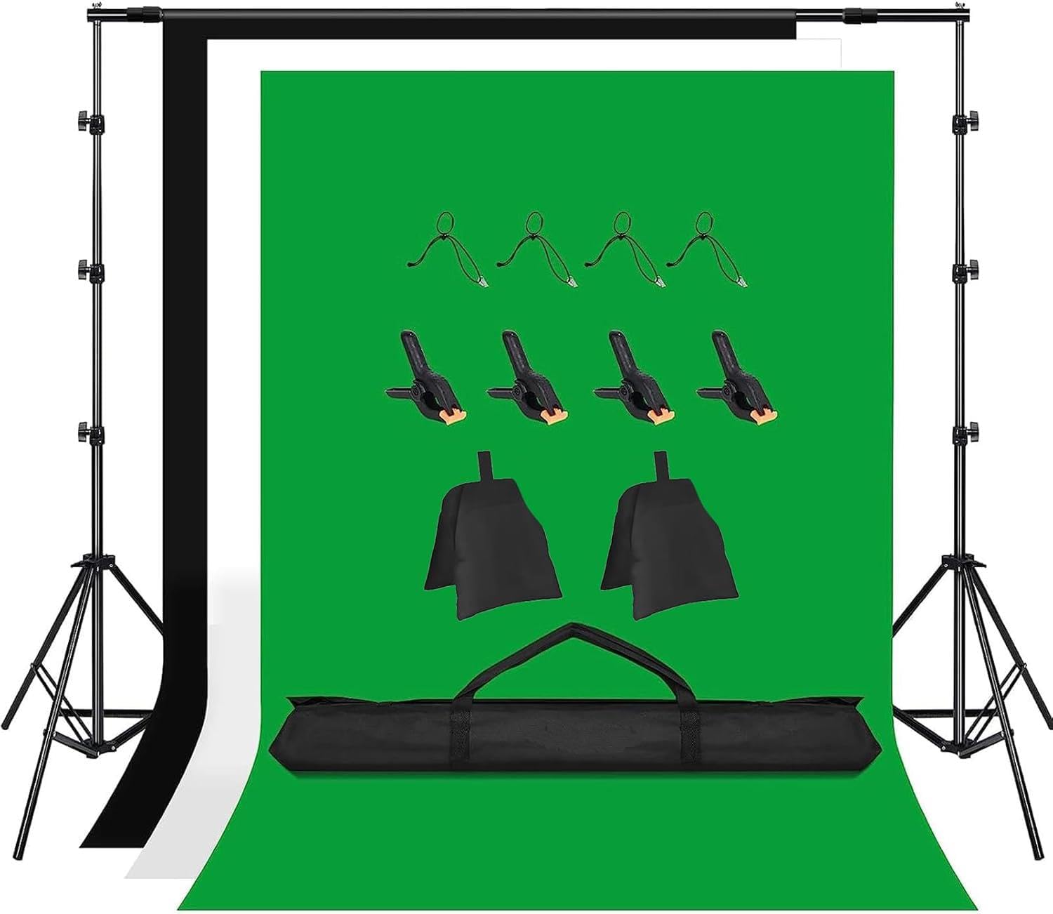 Kit di supporto regolabile per sfondo con sfondo verde bianco nero da 2 x 3 m, 8 morsetti e 2 sacchi di sabbia, sistema di supporto per studio fotografico, video, ritratti, riprese Porduct