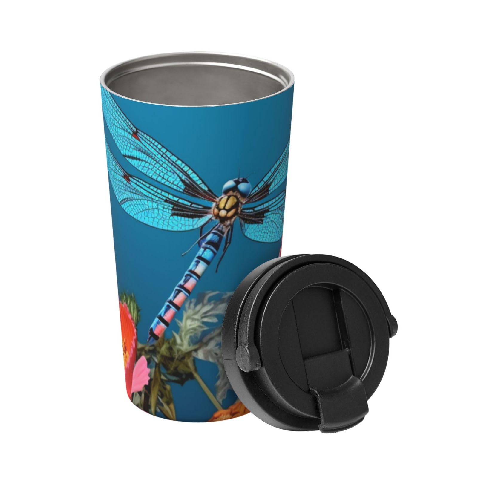 Mug de voyage isotherme fleur et libellule tasse à café étanche pour le bureau et la voiture