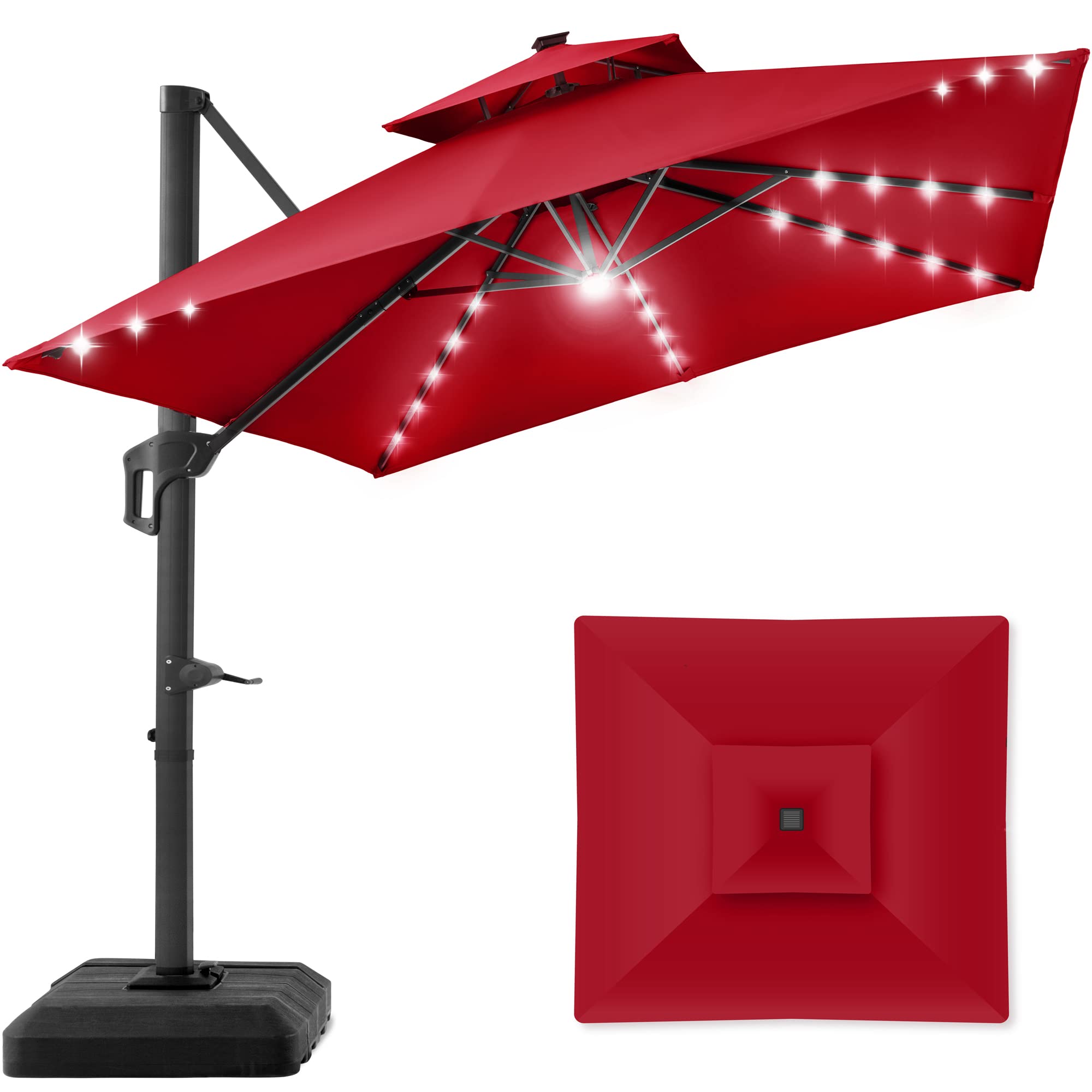 Best Choice Products 10x10ft 2-Tier Square Cantilever Patio Umbrella with Solar LED Lights, Offset Hanging Outdoor Sun Shade for Backyard w/Included Fillable Base, 360 Rotation - Red