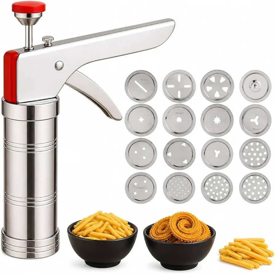 Image of Sev Maker Machine Stainless Steel with 15 Interchangeable Jali Discs, Hand Press Snack Maker, Murukku Maker, Chakli Press, Namkeen Maker for Home Kitchen