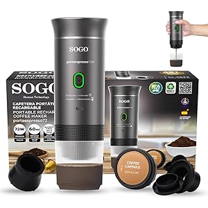 SOGO Cafetera Portátil Recargable 4 en 1 para Cápsulas y Café Molido - Mini Cafetera Compatible Nespresso y Dolce Gusto - Máquina de Café para Viajes Compacta con Función Caliente y Fría