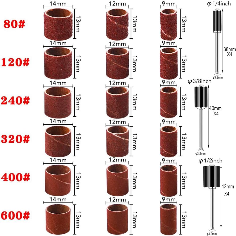 Set di 337 tamburi abrasivi con mandrino da 1/8 per utensili rotanti Dremel, grana 80/120/240/320/400/600