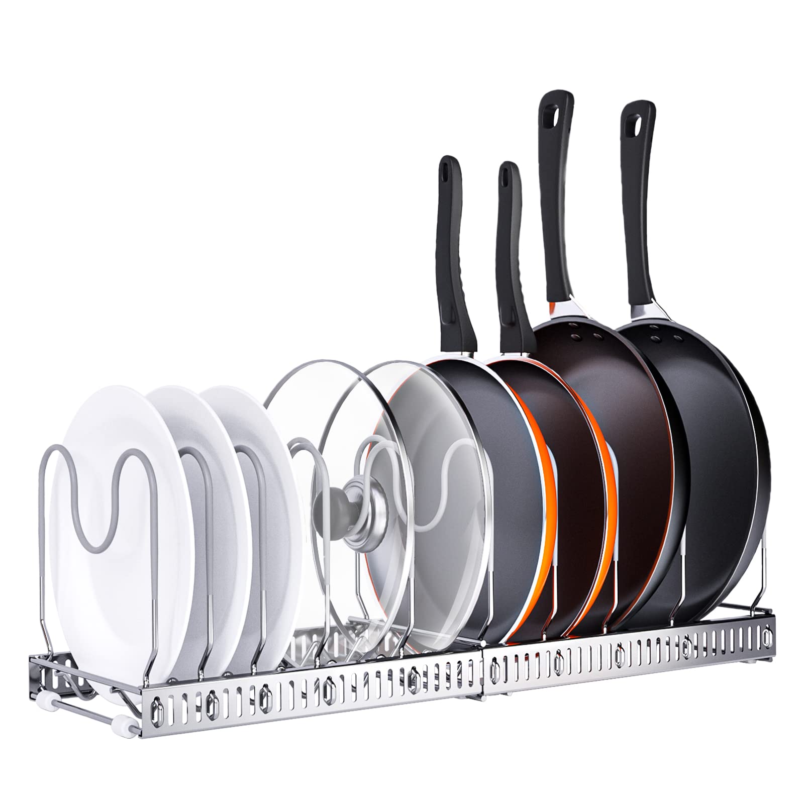 AHNR Expandable Pot and Pan Organizers Rack, 10+ Pans and Pots Lid Organizer Rack Holder, Kitchen Cabinet Pantry Bakeware Organizer Rack Holder with 10 Adjustable Compartments (silver grey)