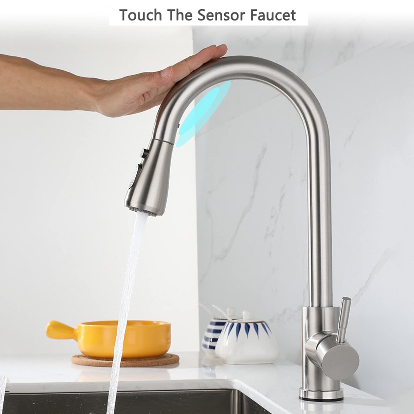 Grifo de Cocina con Sensor táctil Inteligente y rociador extraíble, Monomando de Acero Inoxidable 304, Control de Agua Caliente y fría, 2 Modos de Flujo, Color Plata cepillada (Negro A)