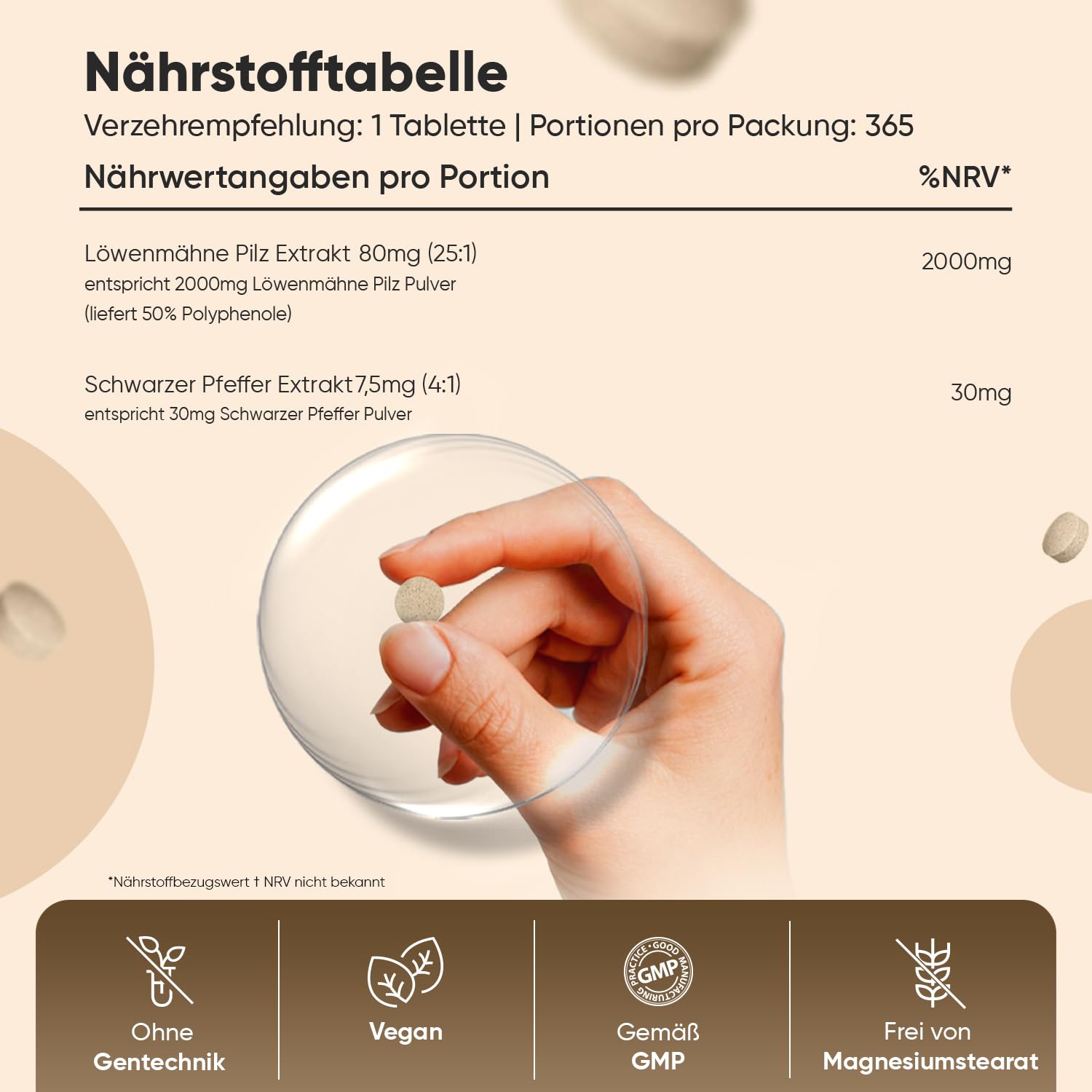 Löwenmähne Pilz 365 Tabletten - 2000mg je Tablette - 50% Polyphenol - Lions Mane Mushroom (Hericium Erinaceus) - 25:1 Extrakt mit Schwarzer Pfeffer 30mg - 1 Jahr Vorrat - WeightWorld