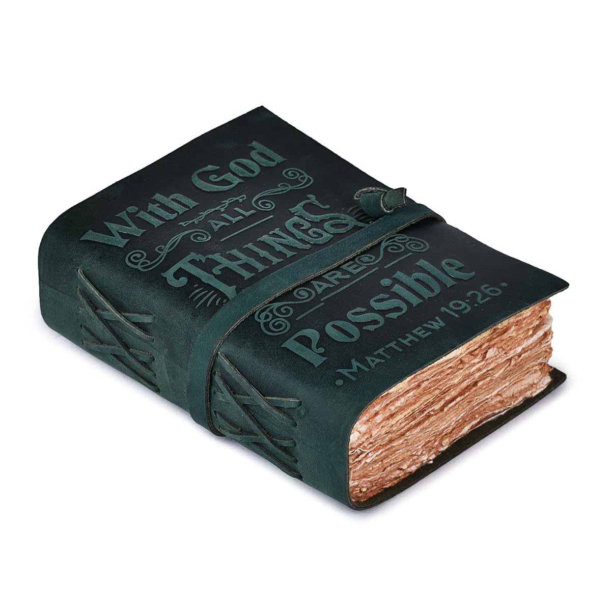 LEATHER VILLAGE Leather Bound Vintage Bible Journal – With God All Things Are Possible – 200 Deckle Edge 200 GSM Watercolor Paper - Handmade Christian Journal for Men Women – 7x5 Inch - Turquoise