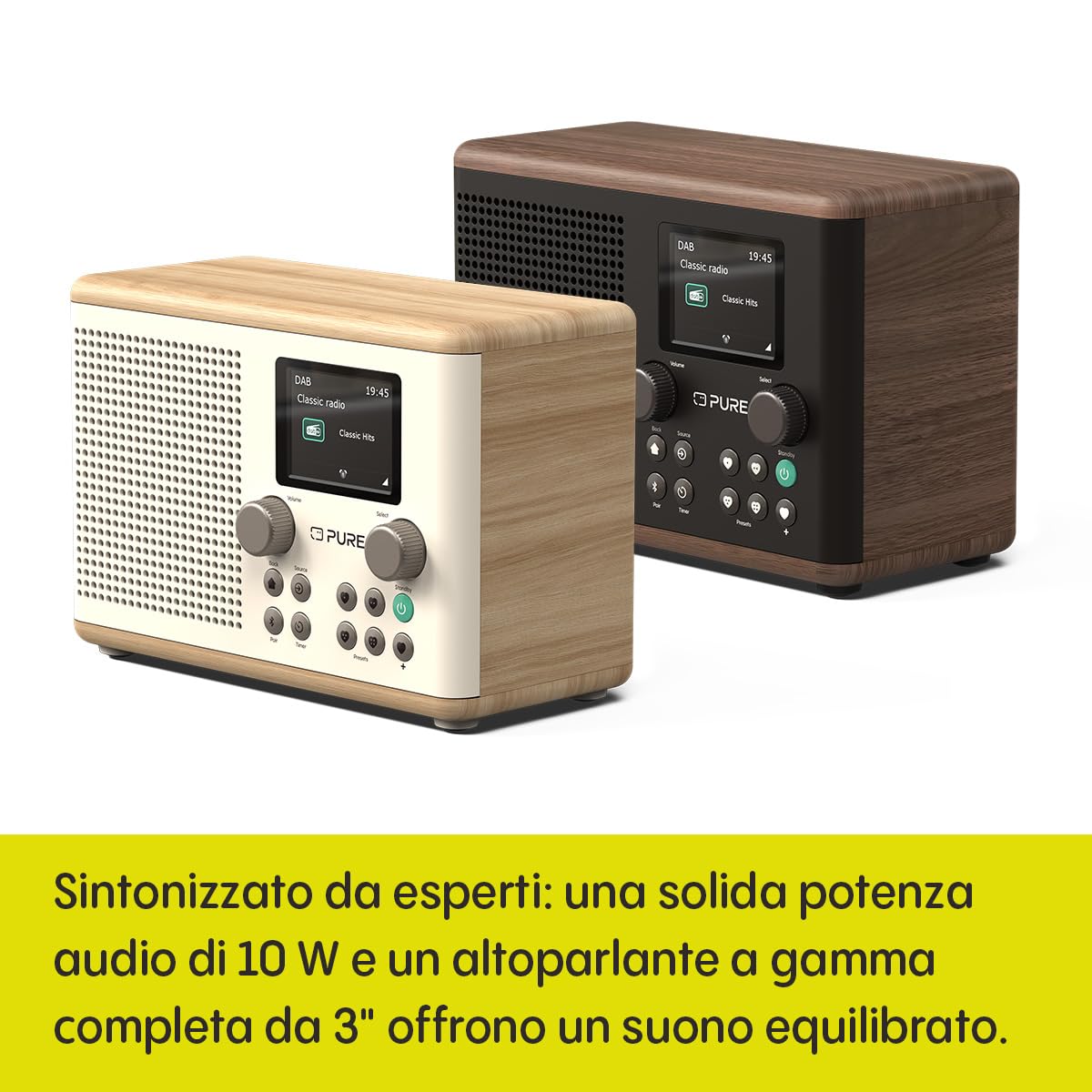Pure Classic H4 Radio da Cucina Digitale DAB+ FM Bluetooth USB AUX Timer Sveglia Caffè Nero Noce