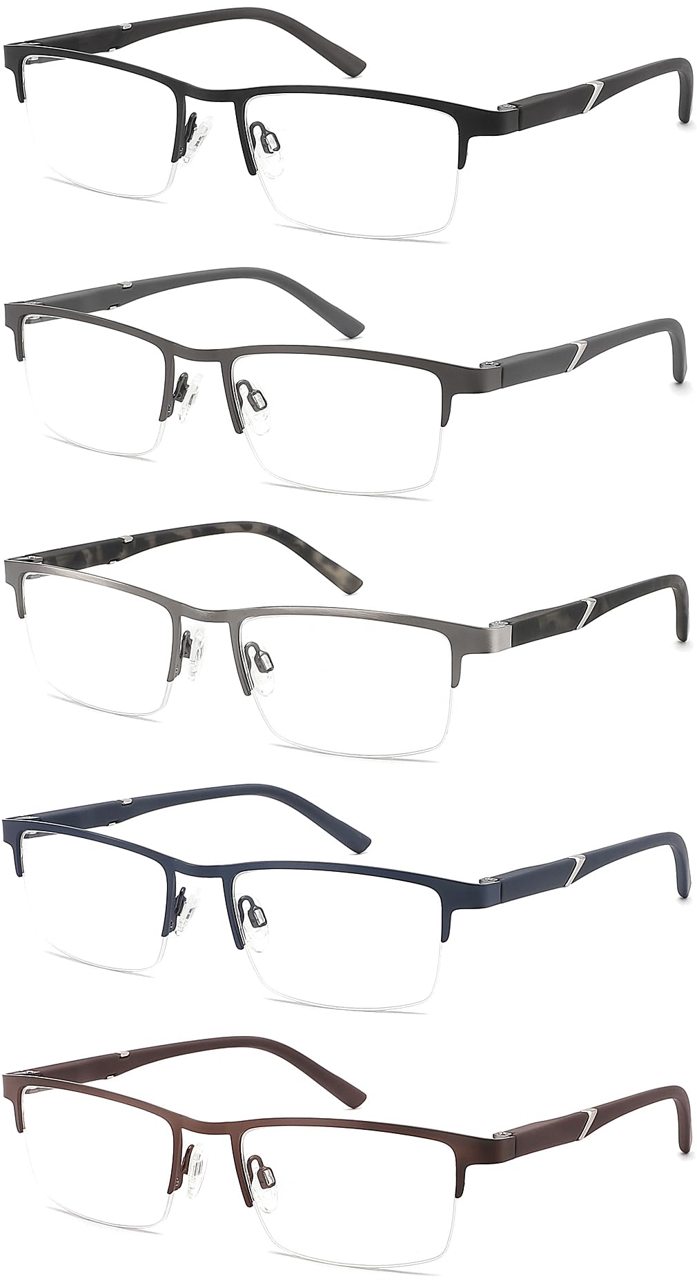 Lesebrille mit Blaulichtfilter, 5er-Pack, halber Metallrahmen mit Federscharnieren (1,0 Vergrößerung)