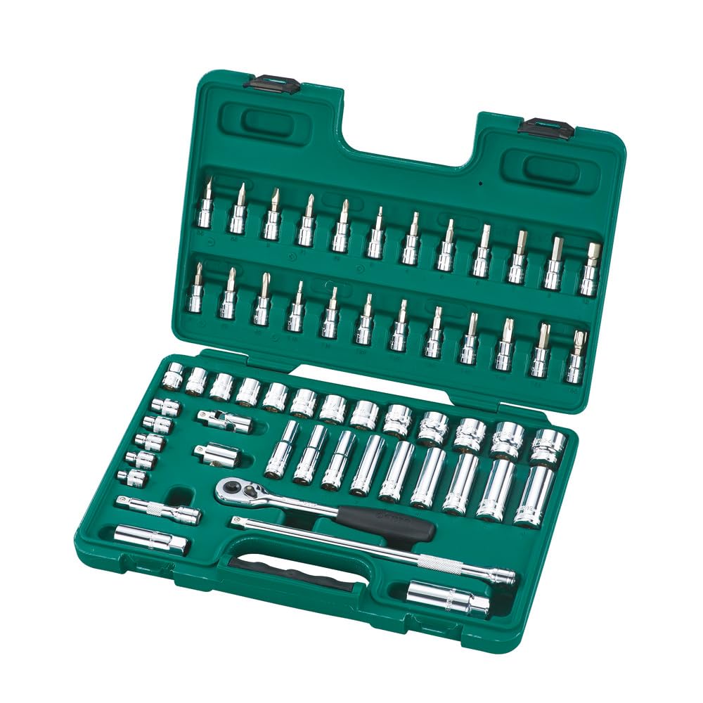 SATA ST09004SJ 58-Piece 3/8" CR-V Hex Socket Set with Quick-Release Ratchet and 3-Way Adapter, Polished, in Storage Case