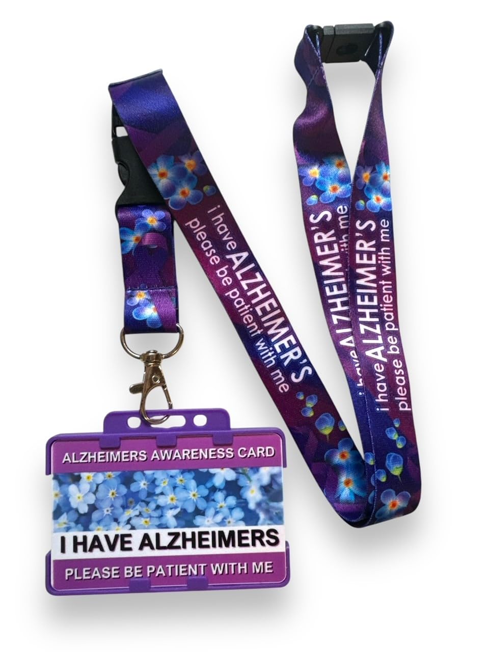 Alzheimer's Awareness Lanyard with Printed Plastic Card and Double Purple ID Card Holder, I Have Alzheimer's, Please Be Patient with Me.