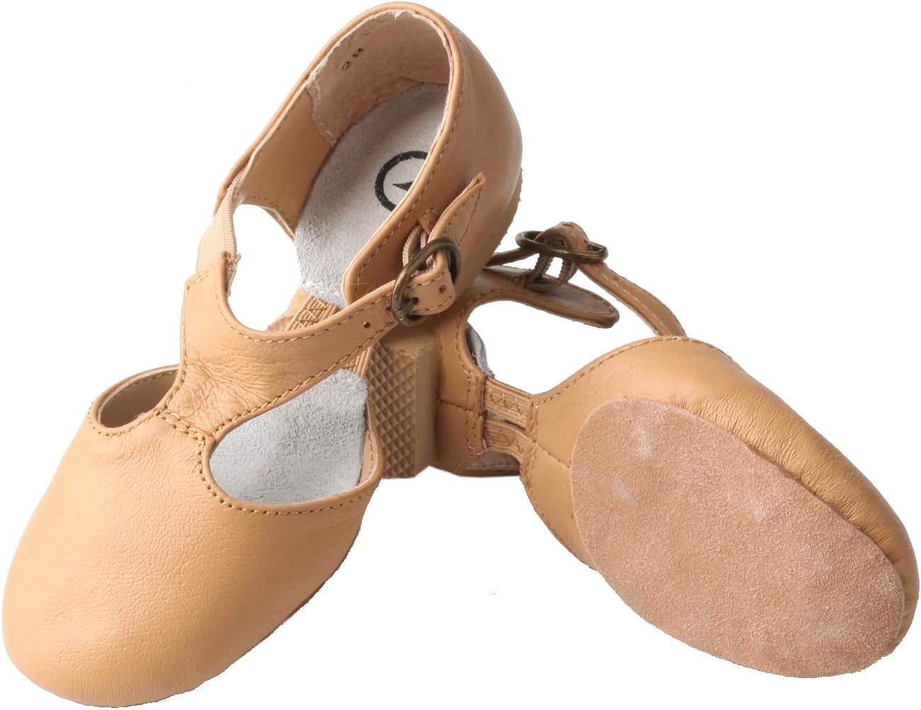 Tan Leather T-Strap Jazz Dance Shoes Low Heel Split Sole Training Slippers Women Girls